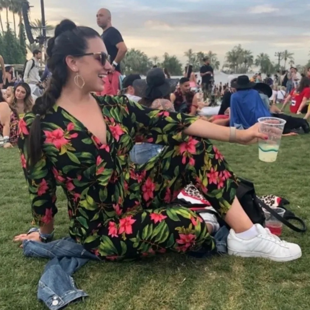 ZARA Tropical Print Jumpsuit Black,  Green, Pink Hibiscus - Picture 2 of 13